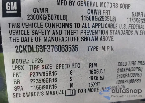 2007 Pontiac Torrent из США, поврежденный, VIN 2CKDL63F376063535